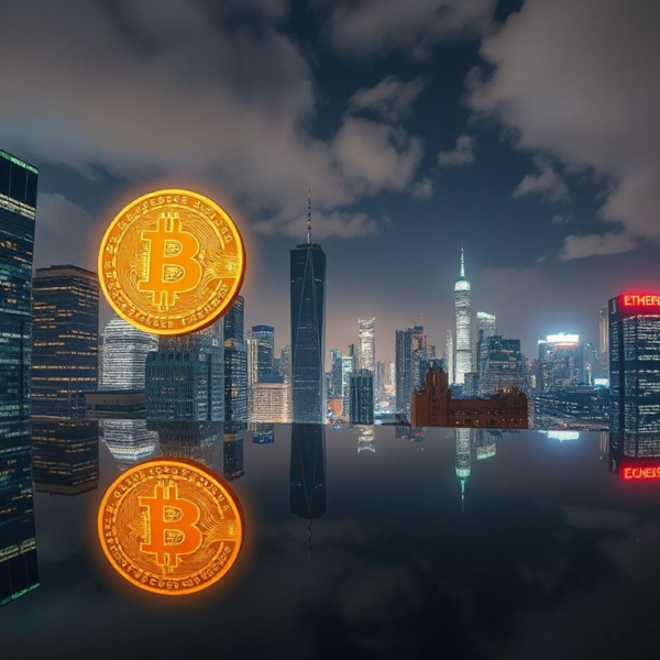 Futuristic city skyline with glowing Bitcoin and Ethereum symbols representing the crypto market breakout