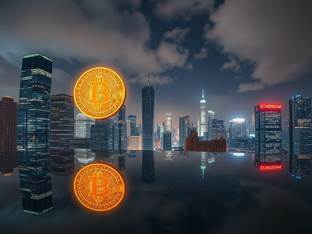 Futuristic city skyline with glowing Bitcoin and Ethereum symbols representing the crypto market breakout