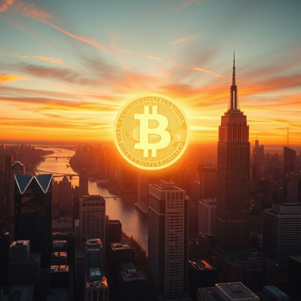 Futuristic city skyline with a glowing Bitcoin symbol hovering above, symbolizing Bitcoin's projected rise to $750,000 by 2030