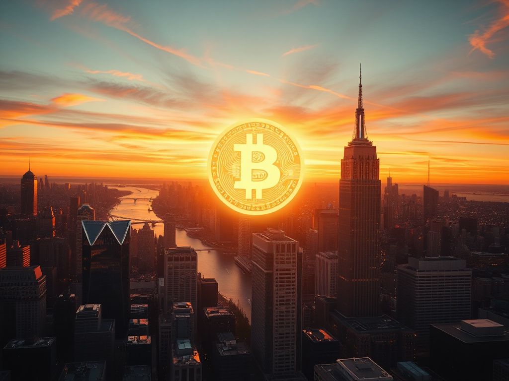 Futuristic city skyline with a glowing Bitcoin symbol hovering above, symbolizing Bitcoin's projected rise to $750,000 by 2030