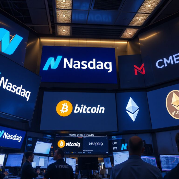 Trading floor with digital screens showing the Nasdaq Crypto Index and major cryptocurrency symbols