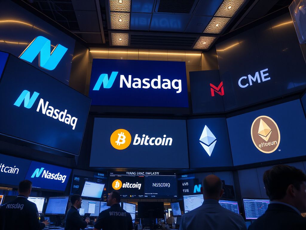 Trading floor with digital screens showing the Nasdaq Crypto Index and major cryptocurrency symbols