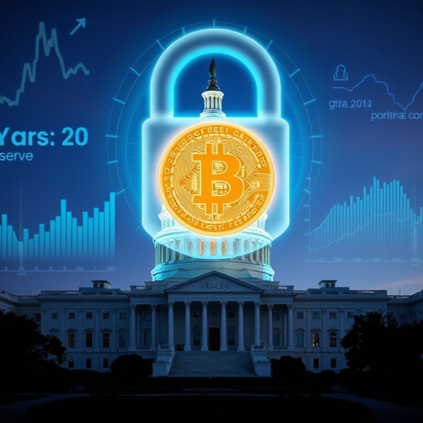 U.S. Capitol with a glowing Bitcoin symbol and digital lock symbolizing the 20-year strategic reserve
