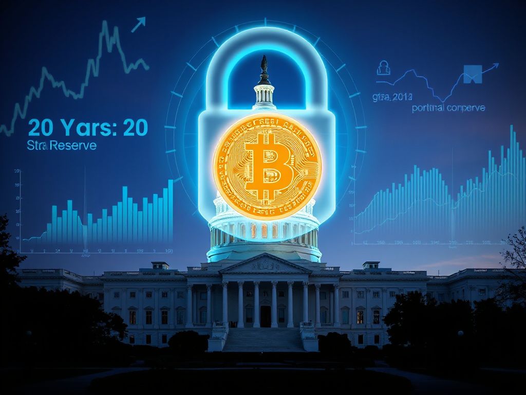U.S. Capitol with a glowing Bitcoin symbol and digital lock symbolizing the 20-year strategic reserve