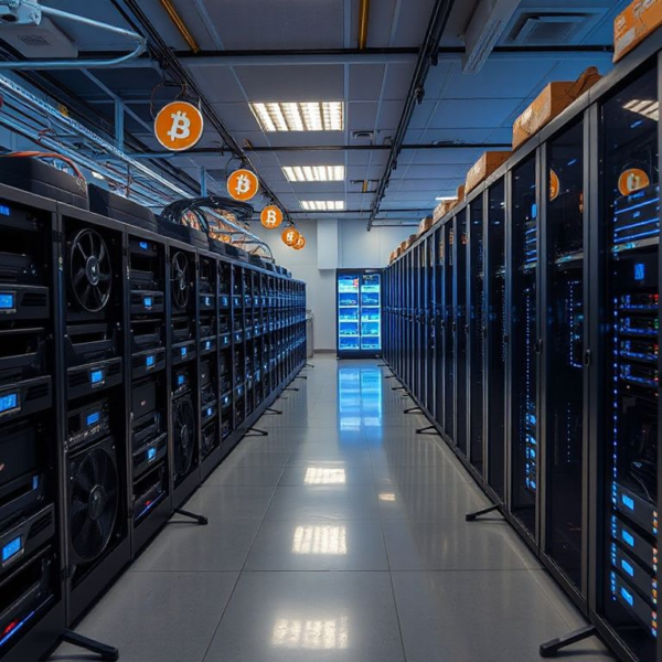 Crypto mining rigs converting to an AI data center with a declining Bitcoin price chart