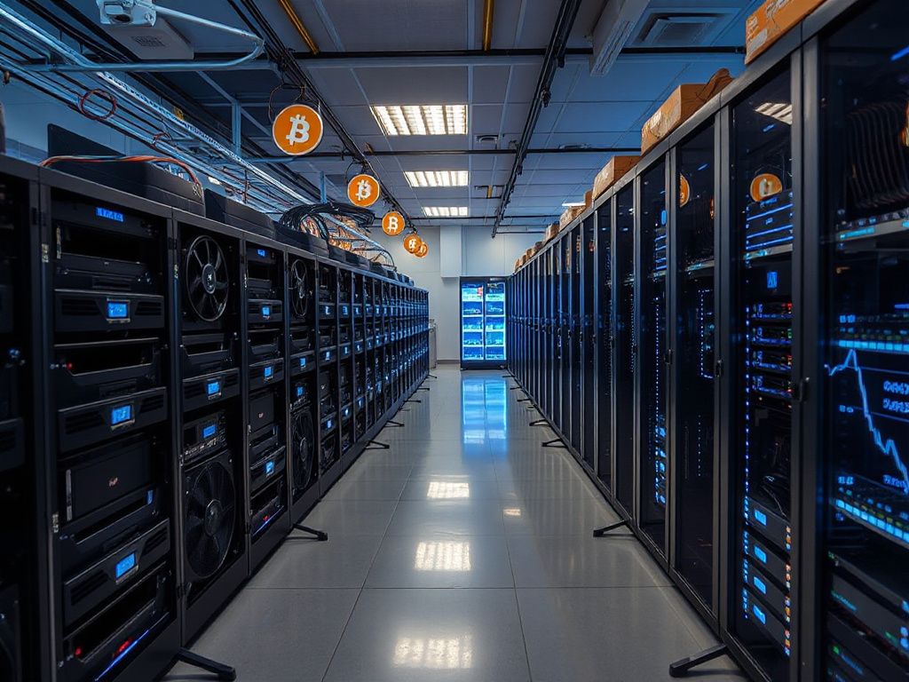 Crypto mining rigs converting to an AI data center with a declining Bitcoin price chart