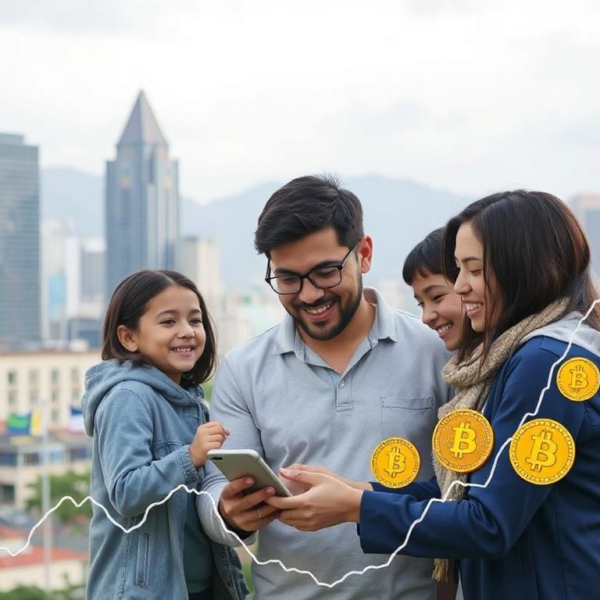 Salvadoran family viewing a crypto remittance notification on a smartphone with the national flag behind them