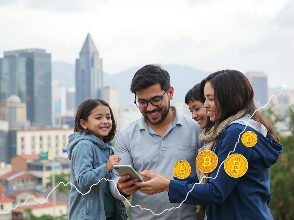 Salvadoran family viewing a crypto remittance notification on a smartphone with the national flag behind them