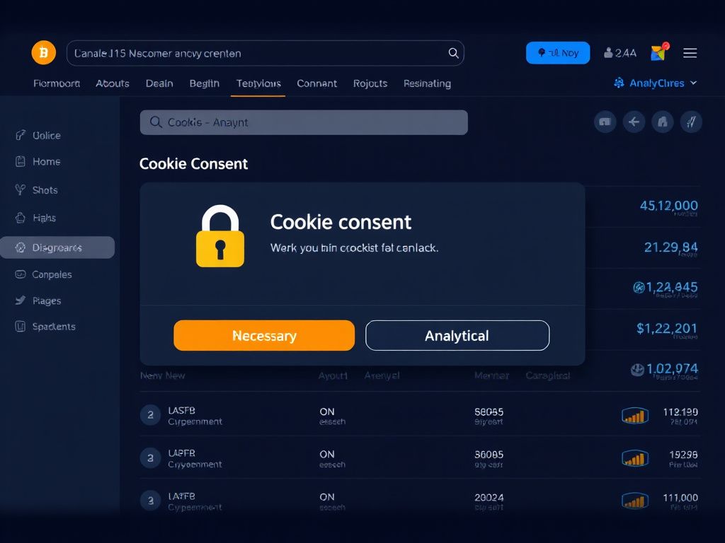 Screenshot of a crypto website cookie consent banner highlighting necessary and analytical cookie categories