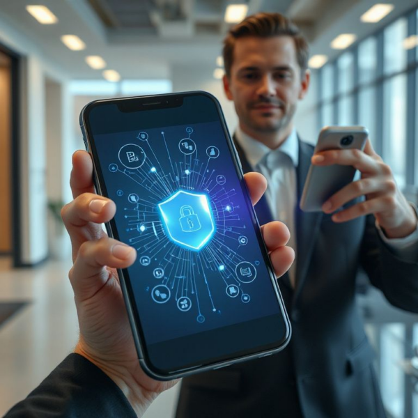 Photorealistic image of a digital identity wallet on a smartphone with holographic blockchain symbols and a professional verifying credentials