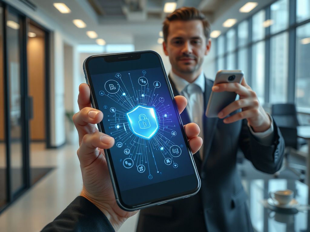 Photorealistic image of a digital identity wallet on a smartphone with holographic blockchain symbols and a professional verifying credentials
