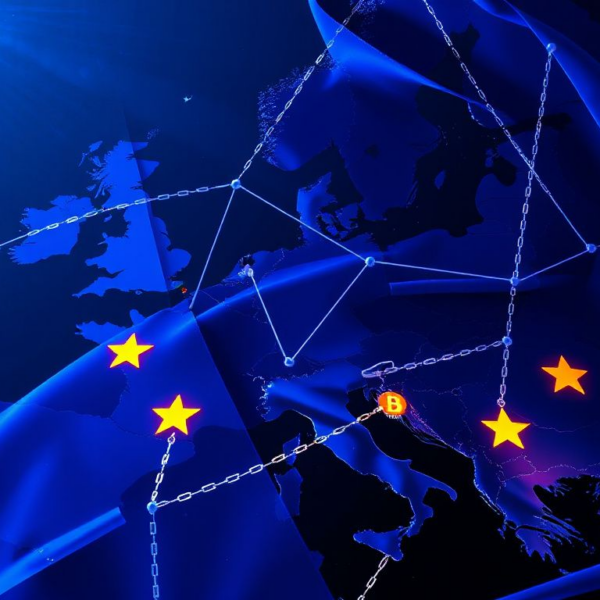 Photorealistic image of EU flag combined with blockchain and crypto symbols depicting regulatory changes across Europe