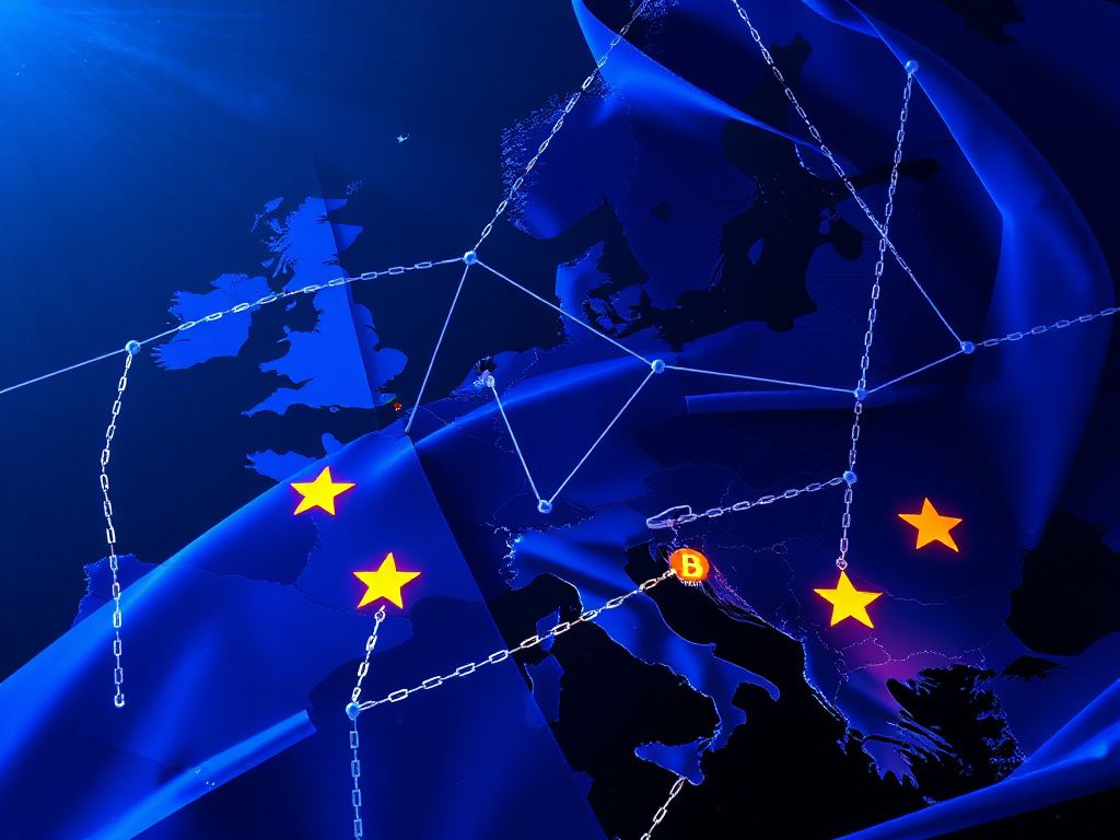 Photorealistic image of EU flag combined with blockchain and crypto symbols depicting regulatory changes across Europe