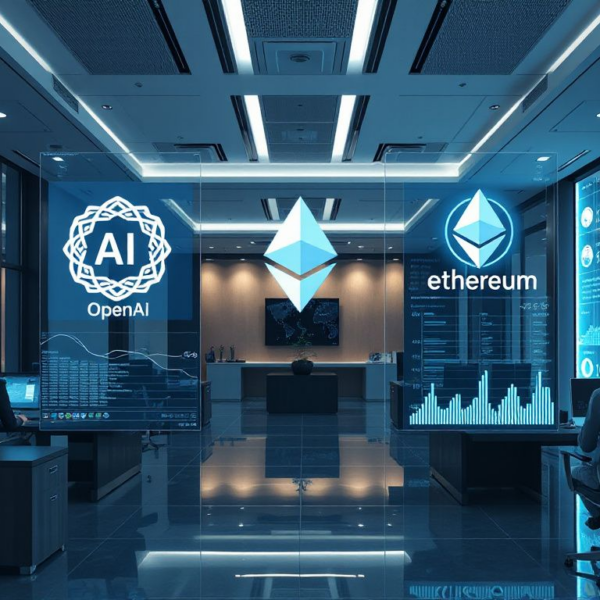Illustration of Eightco Holdings' diversified AI and crypto treasury with holographic charts and logos