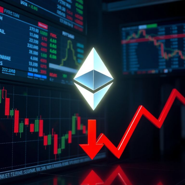 Ethereum logo falling on a red downward chart with ETF symbols in the background