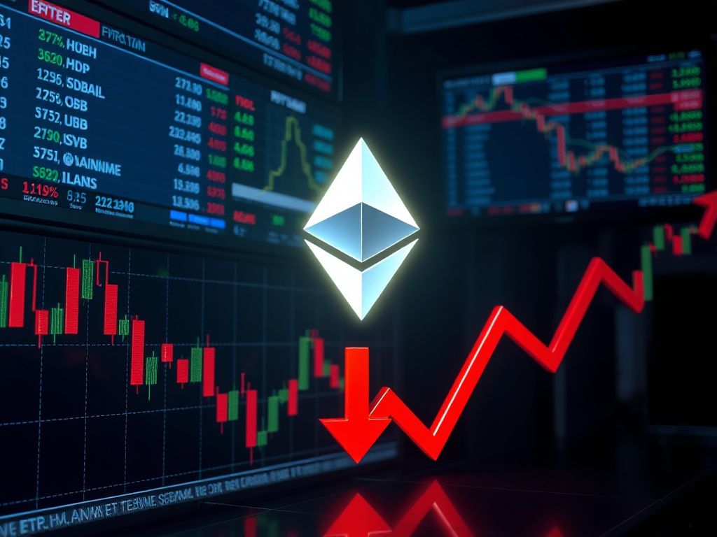 Ethereum logo falling on a red downward chart with ETF symbols in the background