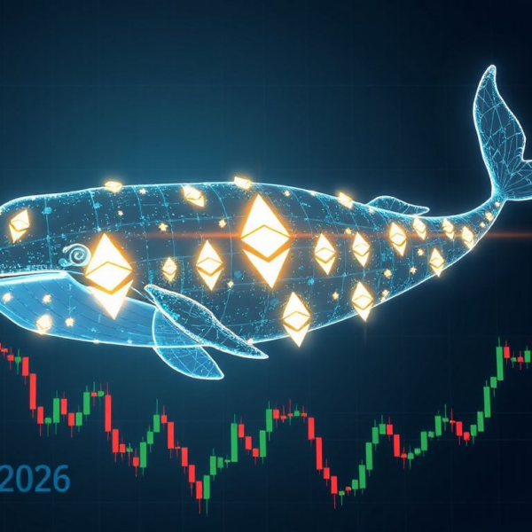 Digital whale composed of Ethereum logos navigating a financial chart, symbolizing large institutional ETH holdings in 2026