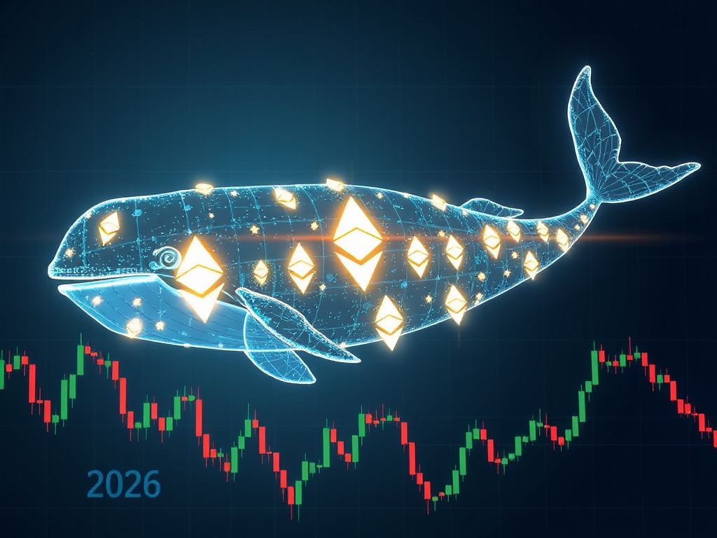 Digital whale composed of Ethereum logos navigating a financial chart, symbolizing large institutional ETH holdings in 2026