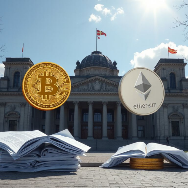 German parliament building with cryptocurrency symbols and tax paperwork