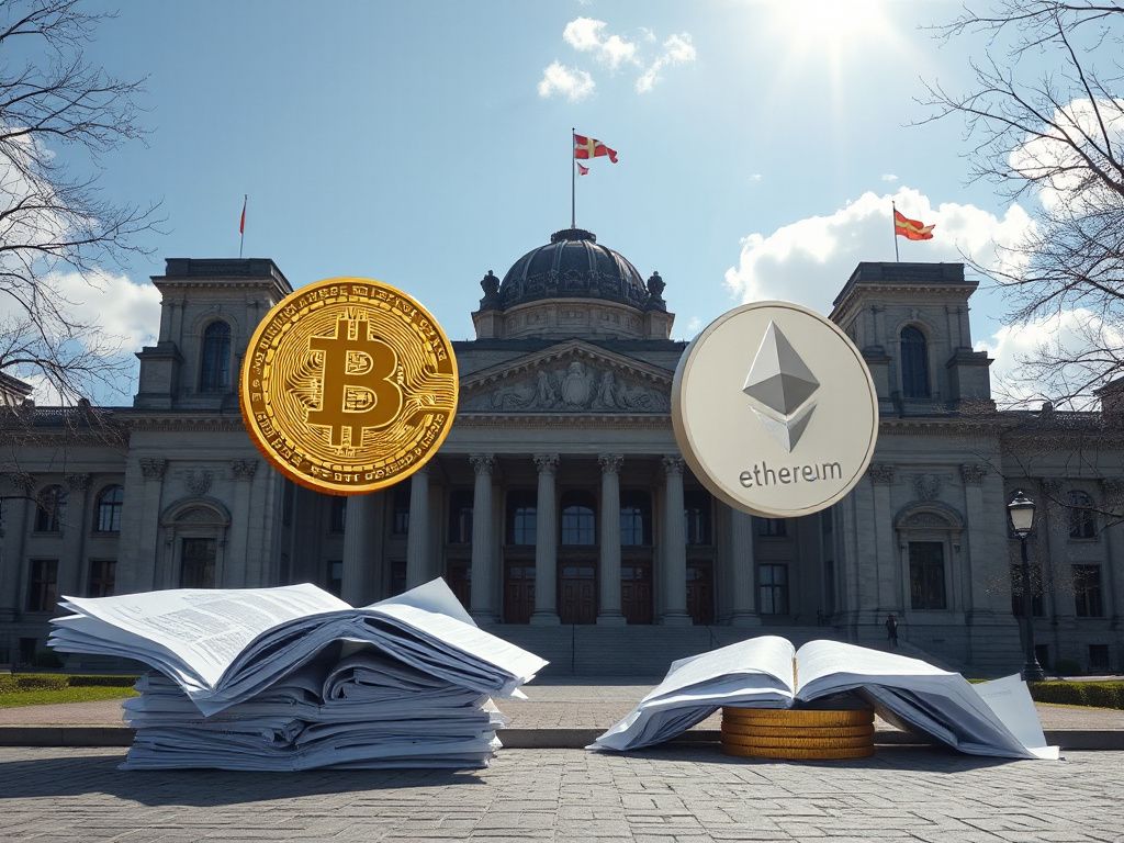 German parliament building with cryptocurrency symbols and tax paperwork
