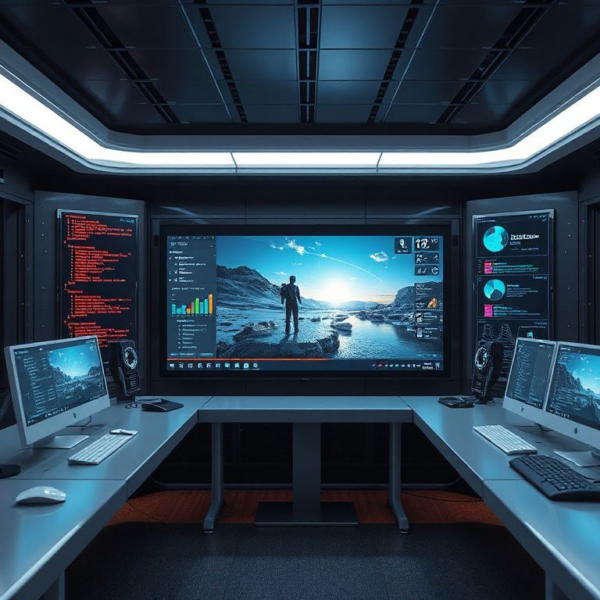 Photorealistic scene of Google's Gemini Omni video editing and Gemini 3.5 Flash coding demo at the I/O 2026 conference