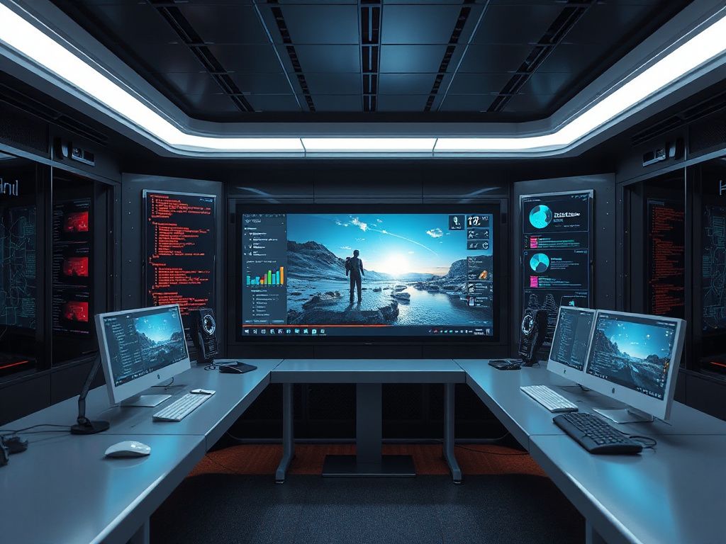 Photorealistic scene of Google's Gemini Omni video editing and Gemini 3.5 Flash coding demo at the I/O 2026 conference