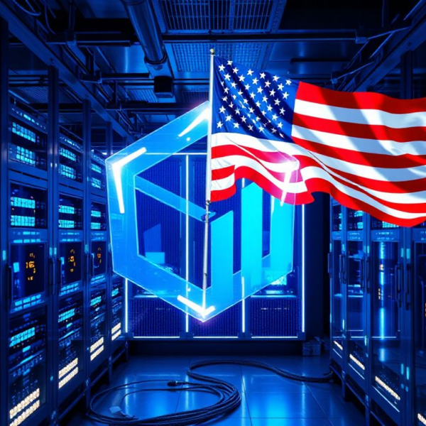 Photorealistic scene of quantum computers in a high-tech facility with blockchain symbols and a US flag representing federal funding and crypto governance