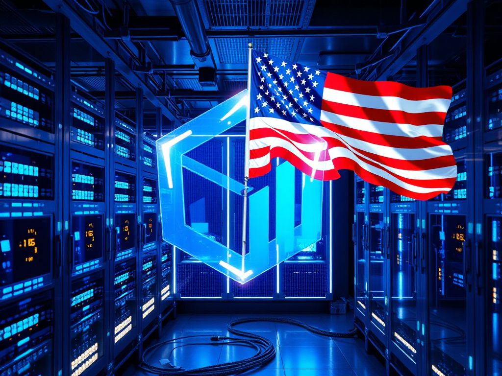 Photorealistic scene of quantum computers in a high-tech facility with blockchain symbols and a US flag representing federal funding and crypto governance