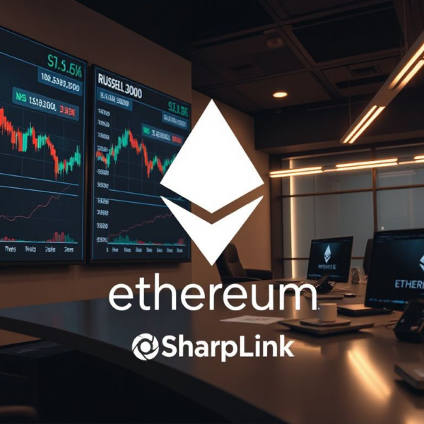 SharpLink logo on a digital screen showing Russell index charts alongside the Ethereum symbol