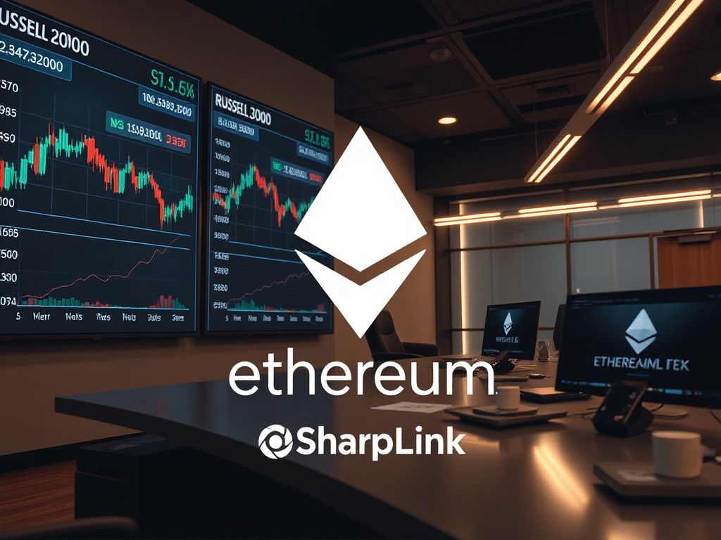 SharpLink logo on a digital screen showing Russell index charts alongside the Ethereum symbol