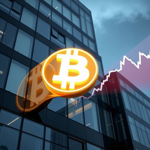 Corporate headquarters with a glowing Bitcoin symbol and rising stock chart