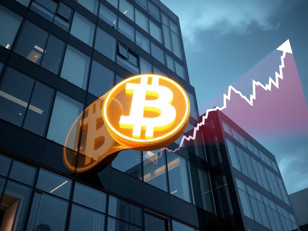 Corporate headquarters with a glowing Bitcoin symbol and rising stock chart