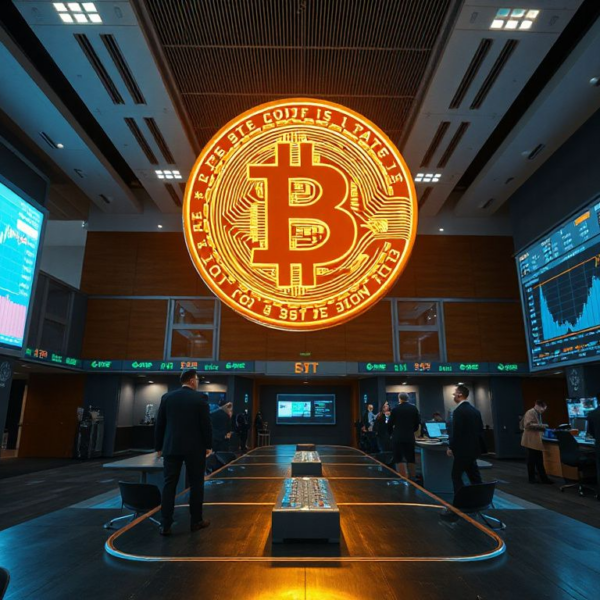 Photorealistic image of a Bitcoin symbol above a financial trading floor with charts and institutional investors, representing the 2026 digital asset market landscape