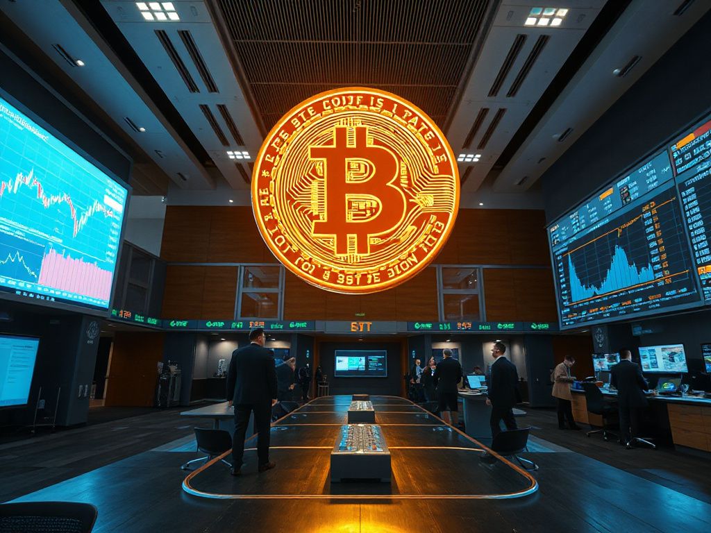 Photorealistic image of a Bitcoin symbol above a financial trading floor with charts and institutional investors, representing the 2026 digital asset market landscape