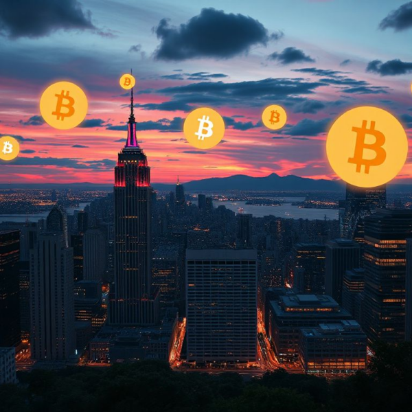 Futuristic cityscape with glowing cryptocurrency symbols highlighting affordable crypto opportunities in 2026