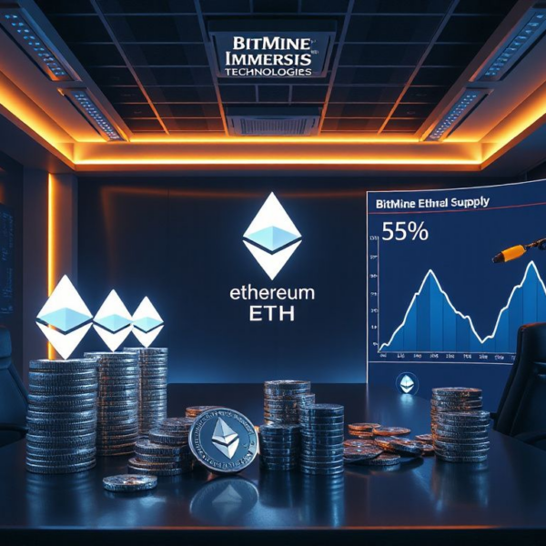 Photorealistic view of a modern office displaying Ethereum tokens and a chart illustrating BitMine's 5% supply target