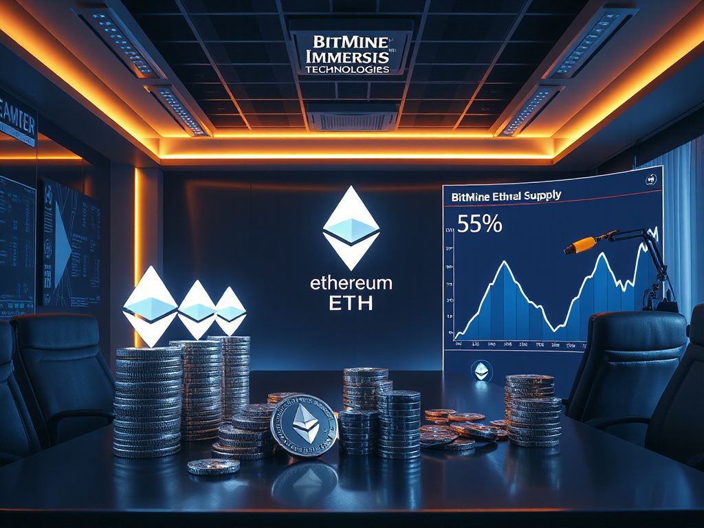 Photorealistic view of a modern office displaying Ethereum tokens and a chart illustrating BitMine's 5% supply target
