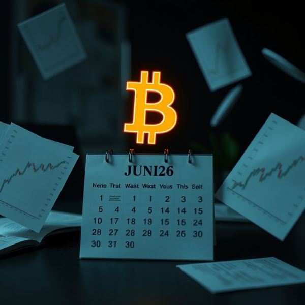 Bitcoin symbol with a June 26 calendar and financial charts illustrating the options expiry