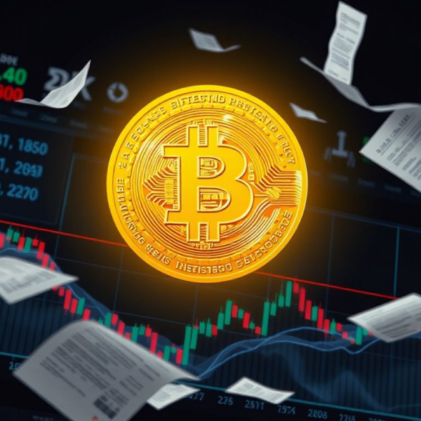 Photorealistic depiction of a golden Bitcoin symbol above a volatile market chart
