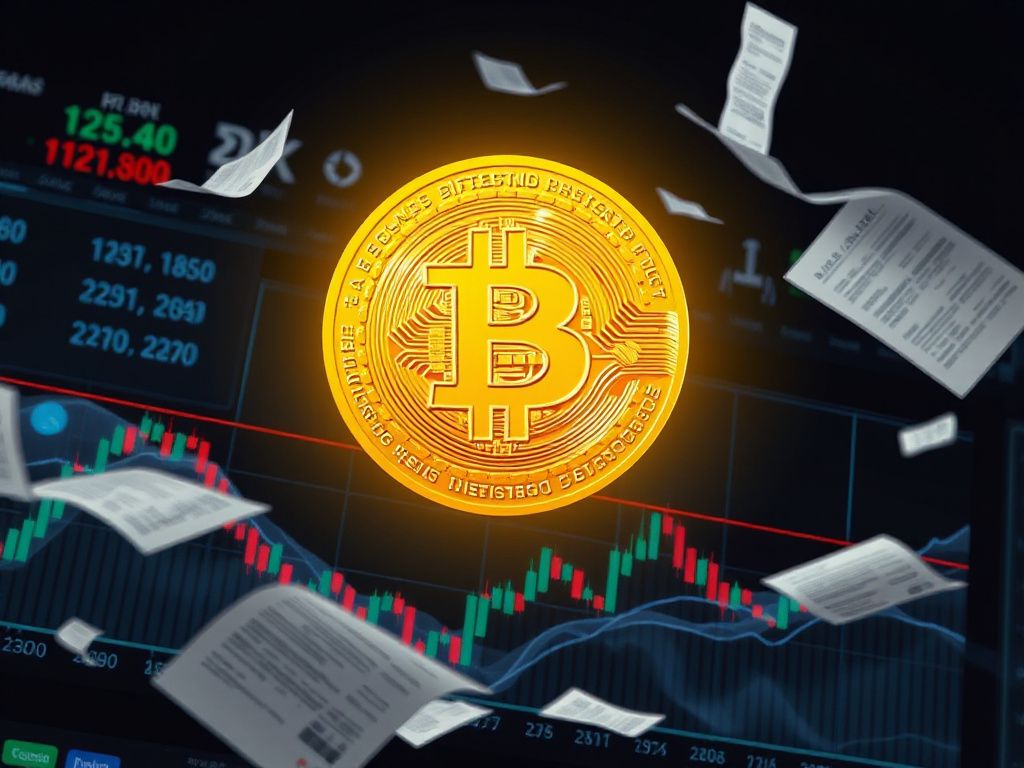 Photorealistic depiction of a golden Bitcoin symbol above a volatile market chart
