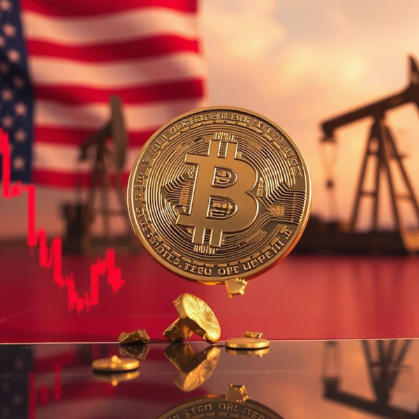 Shattered Bitcoin coin dropping onto a red declining chart with oil rigs and US flag, representing the June 2026 crash