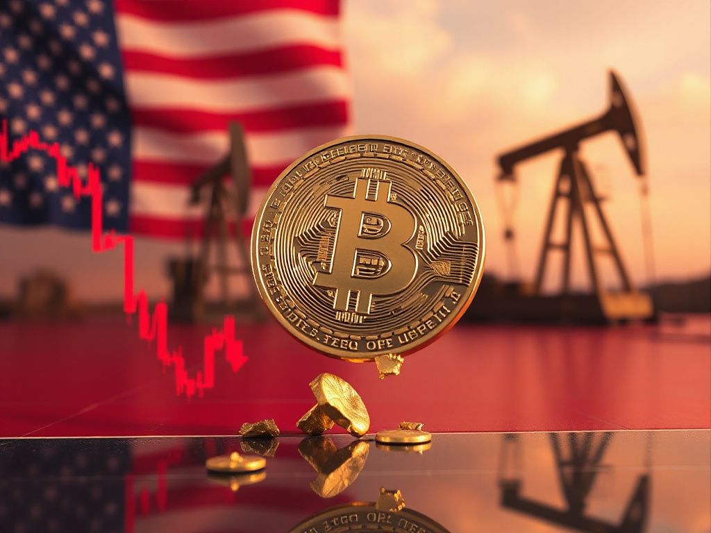 Shattered Bitcoin coin dropping onto a red declining chart with oil rigs and US flag, representing the June 2026 crash