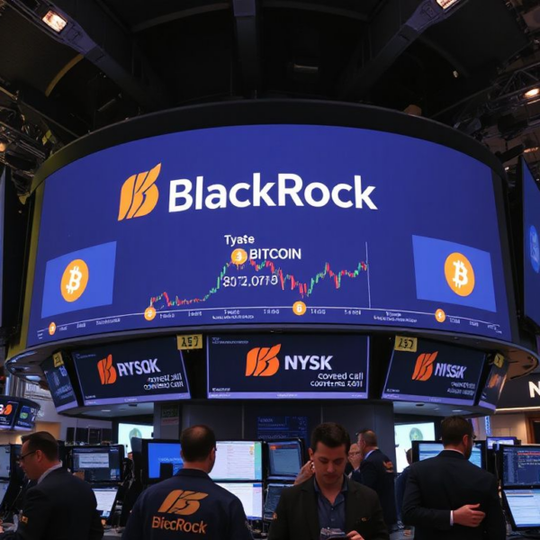 Nasdaq trading floor featuring the BlackRock logo and Bitcoin symbols, highlighting the launch of the new covered‑call Bitcoin ETF