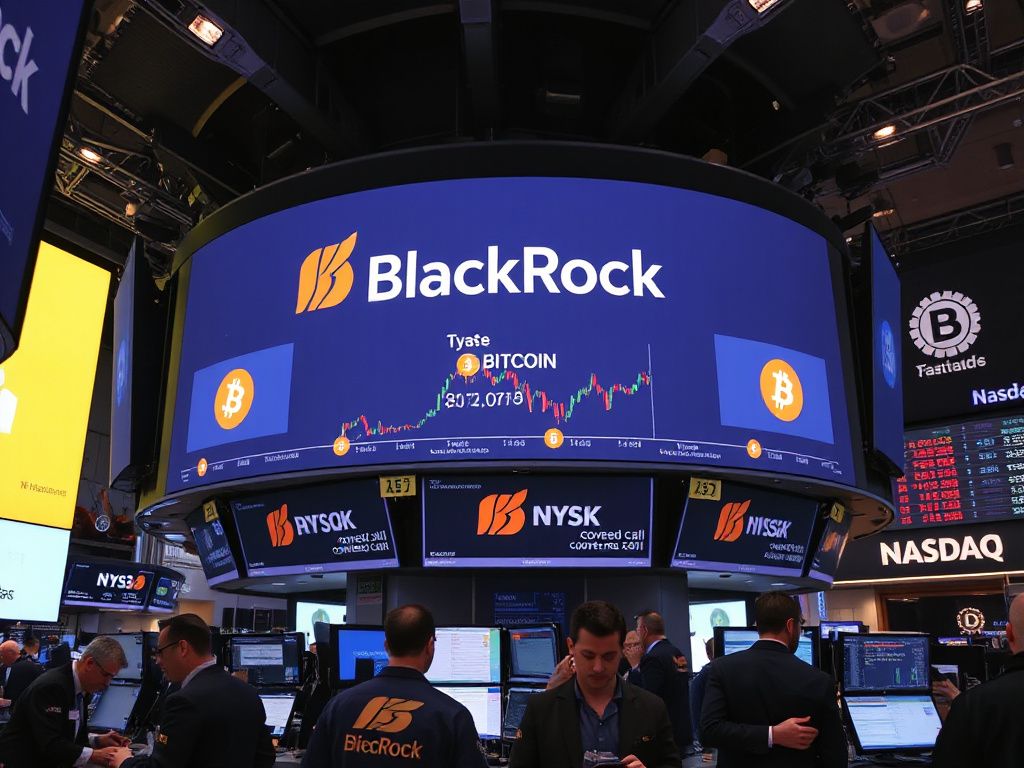 Nasdaq trading floor featuring the BlackRock logo and Bitcoin symbols, highlighting the launch of the new covered‑call Bitcoin ETF