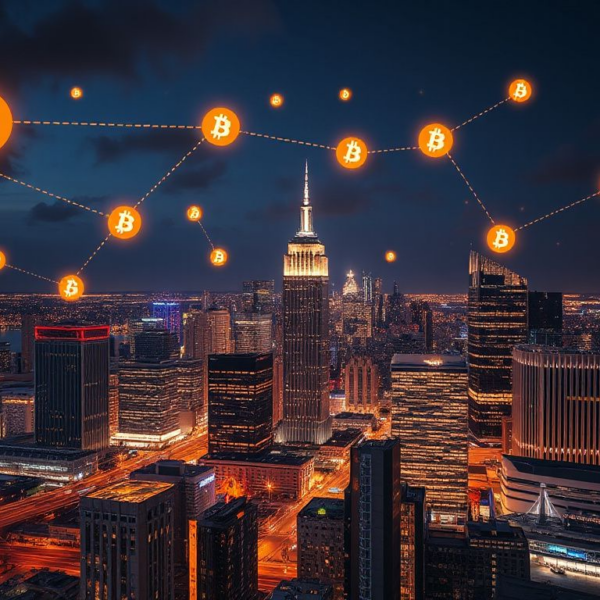 Futuristic city skyline at night with glowing blockchain and cryptocurrency icons symbolizing market expansion