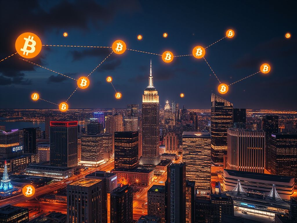 Futuristic city skyline at night with glowing blockchain and cryptocurrency icons symbolizing market expansion