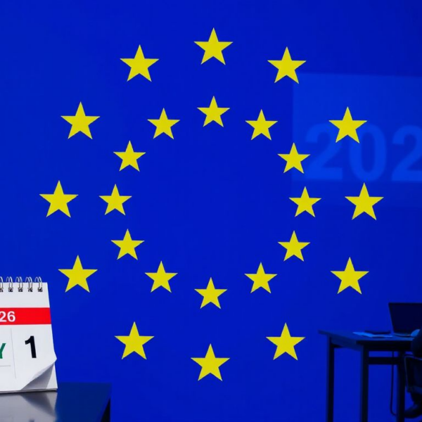 European Union flag with blockchain symbols and a calendar marking the July 2026 MiCA deadline