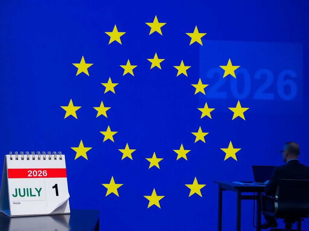 European Union flag with blockchain symbols and a calendar marking the July 2026 MiCA deadline