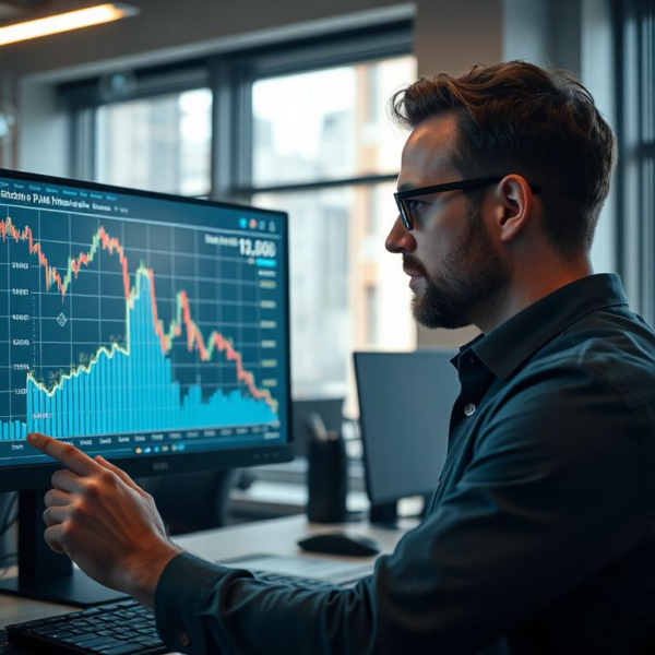 German tech entrepreneur reviewing a falling Bitcoin chart on a digital screen
