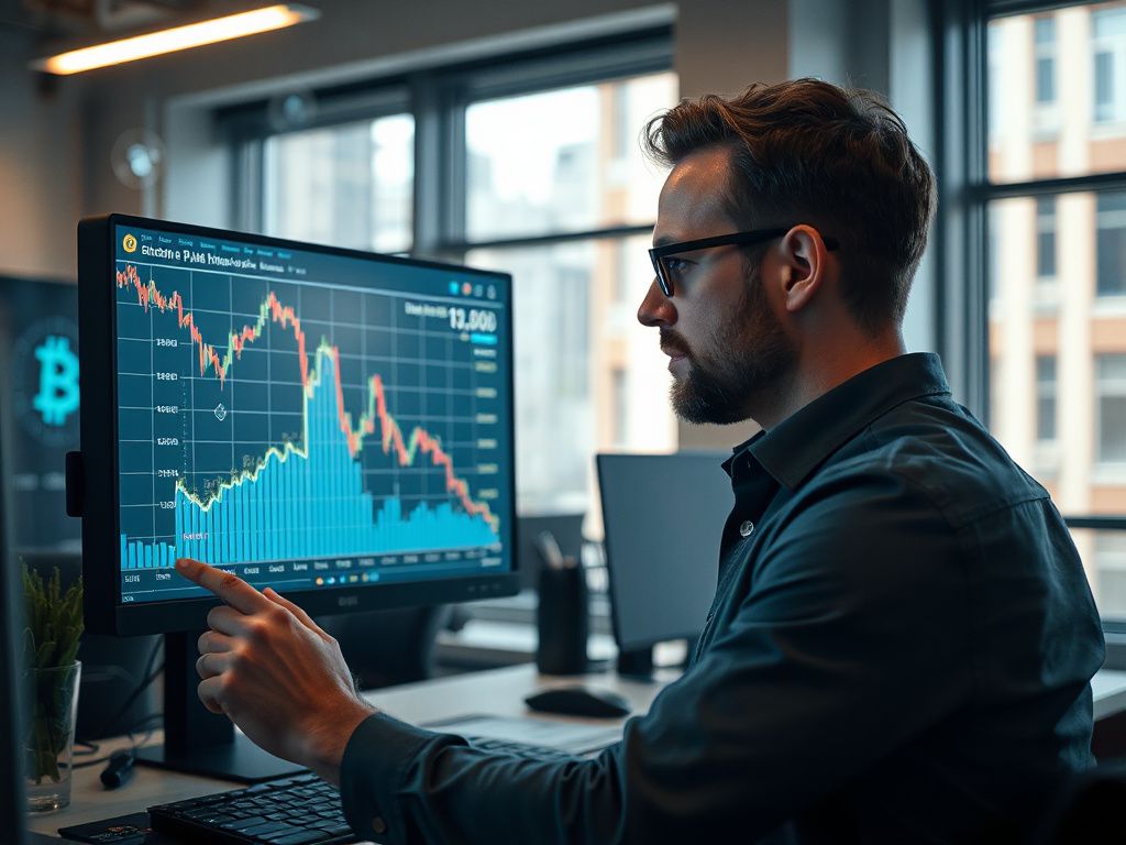 German tech entrepreneur reviewing a falling Bitcoin chart on a digital screen